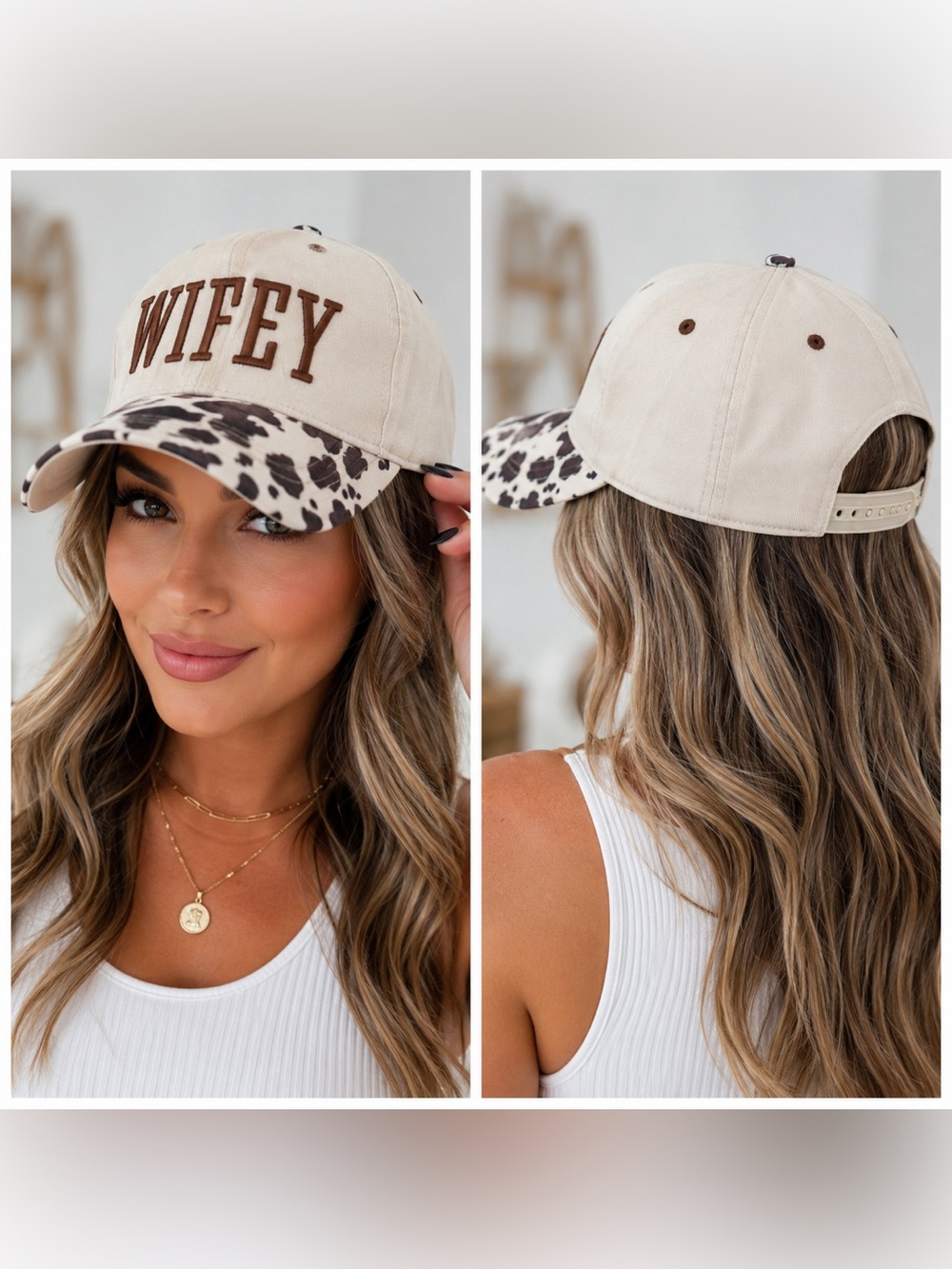 🆕 WIFEY Cow Print Brim Snapback Hat Beige Western Bride Cap NWT - Picture 3 of 3